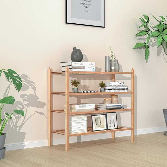 Shoe Rack, 2-Tier Bamboo Stackable Shelf Storage Organizer, Stand for Closet, Entryway, Hallway, Bathroom and Living Room(Natural)