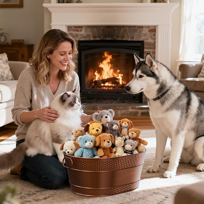 Indestructible Metal Dog Toy Bin: Pet Toy Box Storage Basket for Living Room Area, Beautiful Design and Perfect Size 25-Quart (1 Pack, Oval)