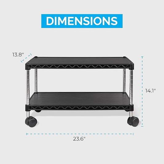 ZBRANDS Under Desk Printer Stand with Storage 24" X 14", Printer Cart, Small Printer Stand with Wheels, Small Printer Table for Home Office, Heavy Duty Low Rolling Cart, (Regular, Black)