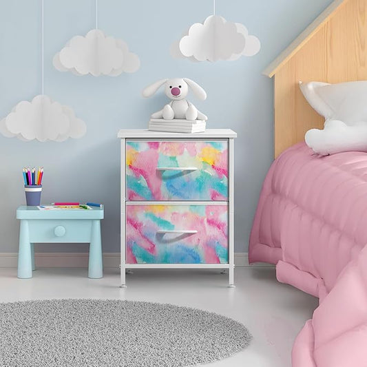 Sorbus Nightstand with 2 Drawers - Kids Bedside Furniture End Table Night Stand - Steel Frame, Wood Top & Easy Pull Fabric Bins - Dresser & Chest for Home, Bedroom Accessories, Office & College Dorm