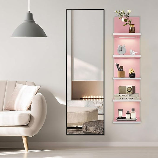 5 Tier Pink Wall Shelf Unit, Pink Shelves, Wall Shelves for Bathroom,Bedroom, Vanity Shelves, Wall Mount Vertical Lack Shelf with led