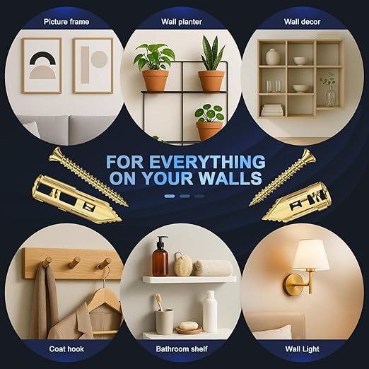 160 Pcs Self Drilling Drywall Anchors with Screws Kit, 3 Sizes Premium Zinc-Plated Manganese Steel Expansion Screws, No Pre-Drilling for Hollow Walls, Holds 100+ lbs for Shelves, TV, Cabinets