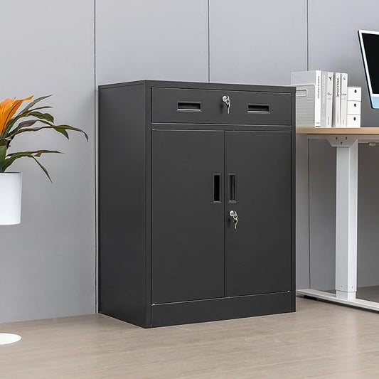 CMY Metal Storage Cabinet, Locking Storage Cabinet with One Drawer and Adjustable Shelf, 36.2" H x 28" W x 16" D Metal Cabinet for Office, Garage, Home-Black