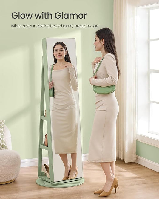 SONGMICS 6 LEDs Lockable Mirror Jewelry Cabinet, 360° Swivel Jewelry Organizer Armoire Standing, Frameless Full-Length Mirror, 3 Storage Shelves, Laurel Green Surface, Cream White Lining UJJC007C01