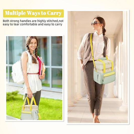Insulated Lunch Bag & Lunch Box for Women - Double Deck Reusable Lunch Bag for men Tote Cooler Bag Leakproof Soft Expandable - Large Lunchbox for Work/Adult/Picnic/Outdoor (Green,15L)