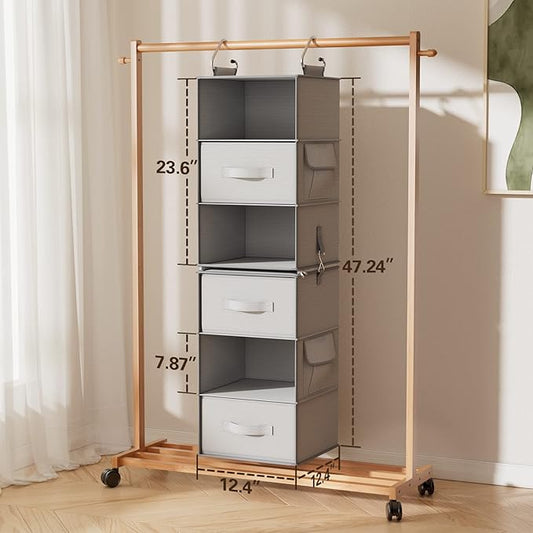 Pipishell 6-Shelf Hanging Closet Organizer with 2 Separable 3-Tier Shelves, 3 Drawers & Side Pockets Closet Organizers and Storage for Wardrobe Organization and Nursery Clothes Organizer, Gray
