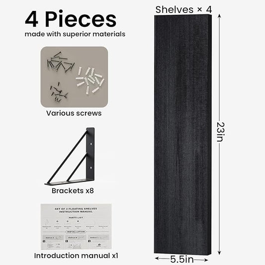 BAYKA Wall Mounted Floating Shelves, Wood Floating Wall Shelf for Books & Decor, Small Space-Saving Display & Organizer(Black,23in,Set of 4)