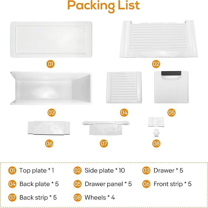 5 Drawers Slim Bathroom Storage Cabinet Dresser, Narrow Plastic Rolling Cart Organizer with Drawers, for Small Spaces, Kitchen, Laundry, Office, Bedroom, White