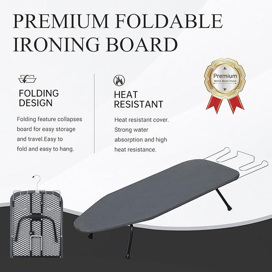 Metal Mesh Panel Tabletop Ironing Board | Foldable Iron Board | Heavy Duty Small Iron Board with Heat Resistant Cover and 100% Cotton 8mm Thicken Pad | 31.5"x11.8"x6.2"