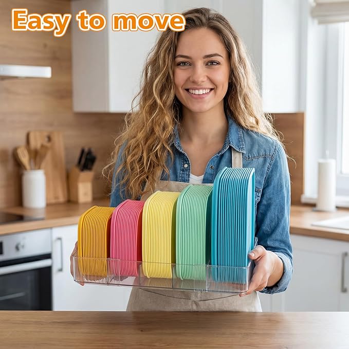 Junkin Expandable Lid Organizer for Cabinet – Clear Adjustable Food Container Lid Holder (10.6–18”) Plastic Storage Rack for Pantry Drawer & Kitchen Organization