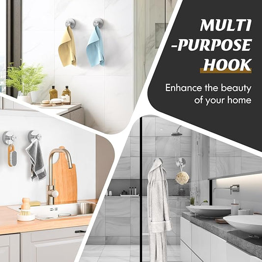 Suction Cup Hooks for Shower,Removable Shower Towel Suction Hooks for Bathroom Wall,Kitchen,Glass,Mirror,Tile to Hang Robes,Loofah-Silver(2-Pack)