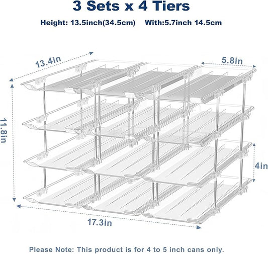 Dayacoco Can Organizer For Pantry,3 Sets 4 Tiers Pantry Organizers And Storage, Pantry Organizer for Fridge 36 Standard and Tall Cans Rack Automatic Rolling Stackable Canned Food Organizer, Clear