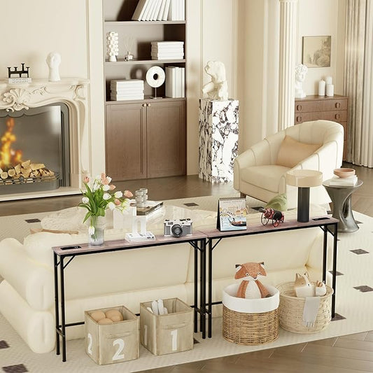Aduanbang 78.7 inch Narrow Console Table with Outlet, Sofa Table Set of 2, Behind Couch Table, Long Entryway Tables with Charging Station, for Living Room, Rustic Brown