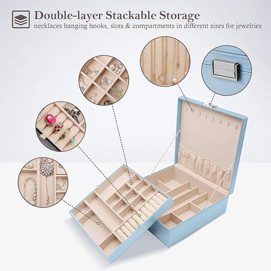 ProCase Jewelry Box for Women, 2 Layers Large Leather Jewelry Organizer Storage Case with Removable Pad for Earrings -Blue