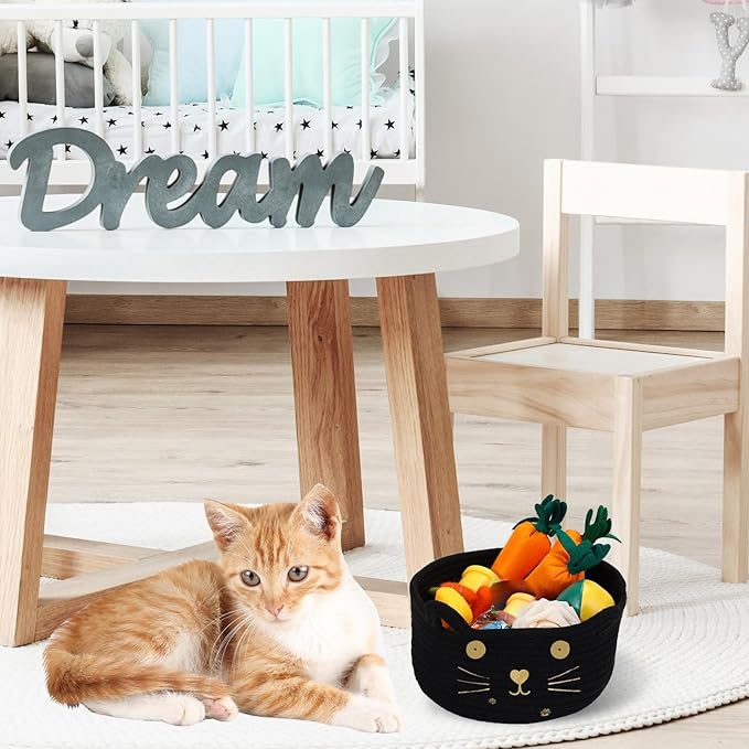 Zopeal Cat Basket Storage Woven Organizer with Ears Easter Decorative Gift Pet Toy Cute Cotton Rope Basket for Gift Cat Dog Toy Bin Nursery Room(8.3 x 4.7 Inch,Black)