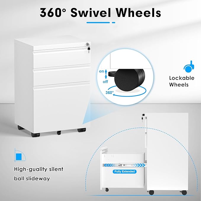 Greenvelly 3-Drawer Mobile File Cabinet with Locking Drawers & Wheels, No Assembly Required White Rolling Metal Filing Cabinet for Home Office, Lockable File Organizer Under Desk or Letter/Legal Files