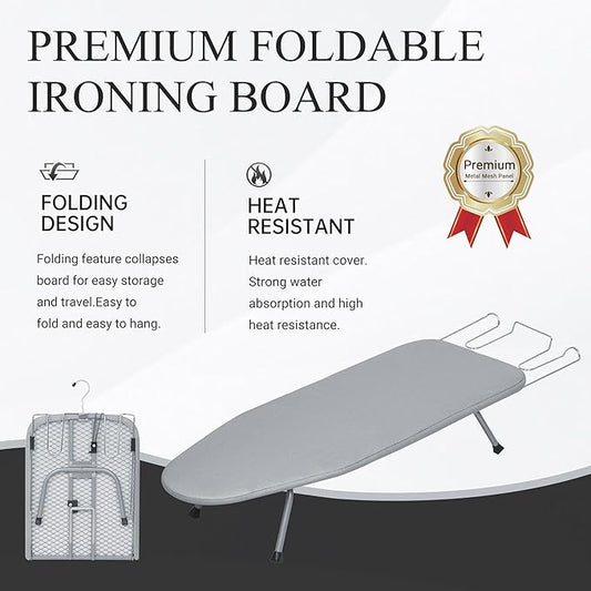 Ironing Board, Small Iron Board with Iron Rest, Mini Tabletop Ironing Board with Heat-Reflective Cover and 100% Cotton 8mm Thicken Pad, 31.5"x11.8"x6.2", Silver