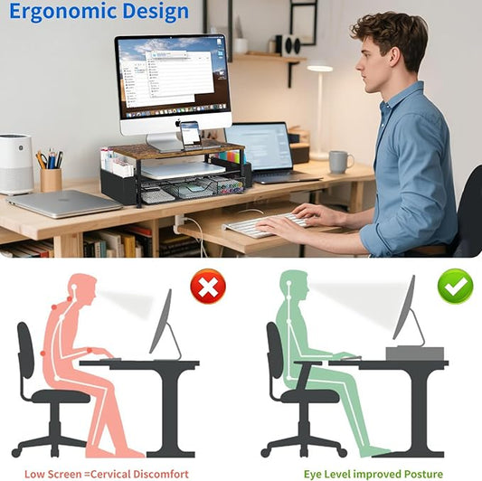 AUPSEN Wood Desk Organizers and Accessories, 2-Tier Computer Monitor Stand Riser with Drawer, Pen Storage & Phone Holder, Office Desk Accessories, Workspace Desktop Organization for Office Supplies(Brown)