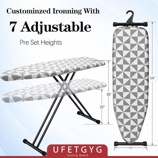 Ironing Board with Silicone Iron Rest pad,Extra Thick Cover,14x54 Compact and Space Saver Iron Board, Height Adjustable,Stable Structure, Easy to Fold, Gray and White