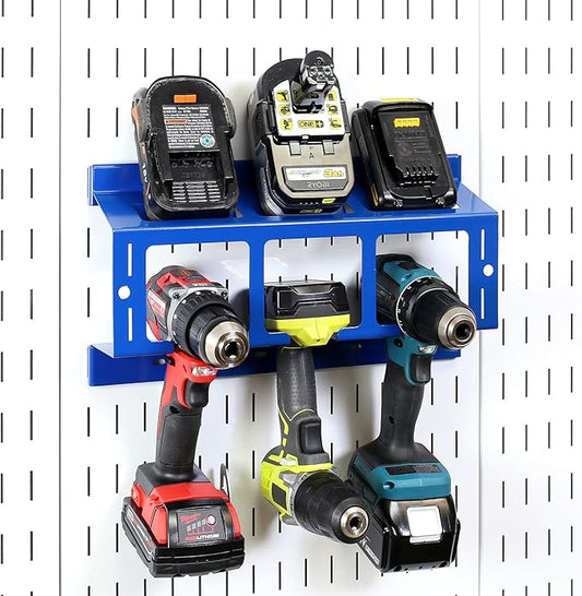 Wall Control Drill Holder Power Tool Storage Rack - Compact Impact Drill Battery Power Tool Pegboard Organizer Pegboard (Blue)
