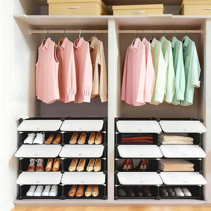 DUMOS Shoe Rack Organizer, 6-Tier Shoe Storage Cabinet with Door, Stackable Plastic Shoe Shelves Organize for Closet,Entryway,Hallway,Bedroom, 24 Pairs, Black