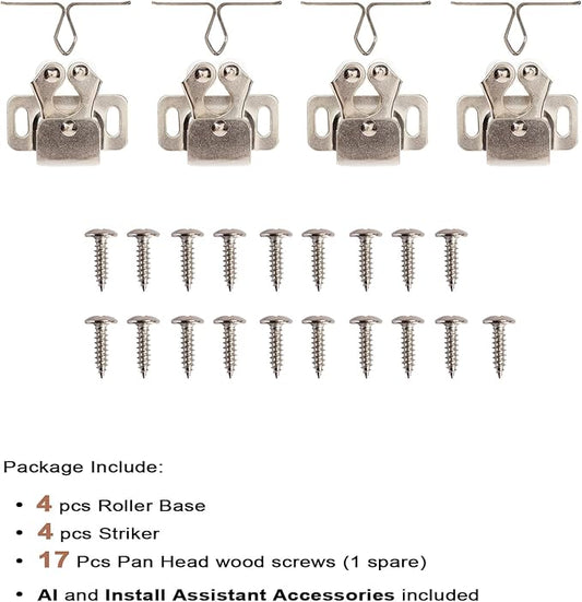 4 PCS Cabinet Latch Double Roller Catch Hardware for Cupboard Closet Cabinet Door Latches and Catches, Nickel
