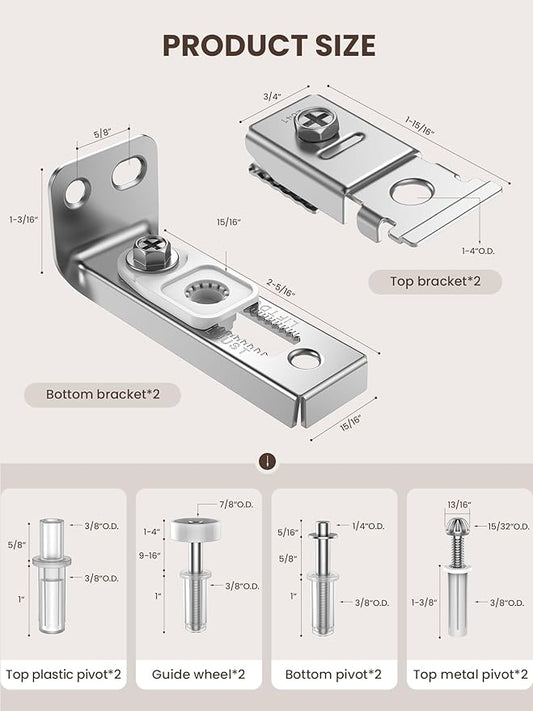 Bifold Door Hardware Repair Kit - 2 Pack Bi-fold Sliding Closet Door Hardware Kit for 7/8" to 1" Track, Folding Pocket Door Replacement Parts Set Include Top Bottom Pivots Bracket and Guide Wheel