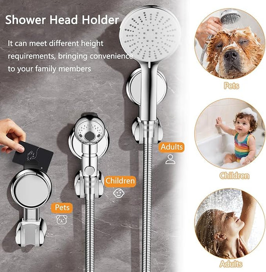 Resdenio Shower Head Holder - Strong Suction Cup No Drilling Showerhead Bracket Waterproof Handheld Shower Holder, Adjustable Wand Holder for RV, Kids, Bathroom (Silver)