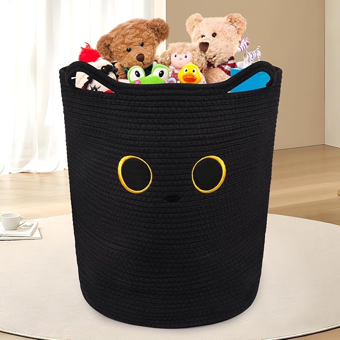 Tall Black Cat Laundry Basket for Nursery, Cute Large Woven Cotton Rope Blanket Storage Basket, Baby 0rganize Blanket Shower Hamper Box with Handles, 53L Clothes Bins, 15"D×18.1"H