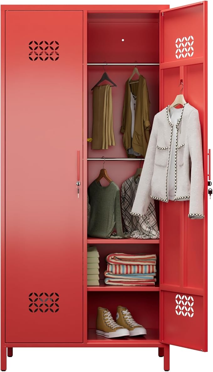 Aobabo Metal Wardrobe Closet with 2 Doors, Metal Wardrobe Cabinet with 4 Adjustable Shelves and 2 Hannging Rods, Storage Locker for Home, Red, Assembly Required