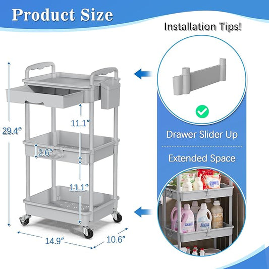 3 Tier Rolling Cart with Drawer, Bathroom Storage Organizer with 2 Lockable Wheels, Multifunctional Rolling Storage Cart for Bathroom, Kitchen, Office, Craft, Makeup, Baby Essentials, Gray