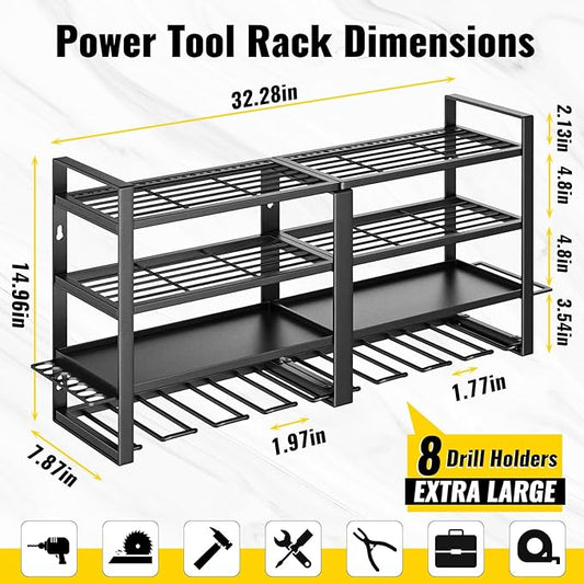 Power Tool Organizer Wall Mount, 4 Layer Heavy Duty Metal Power Tool Storage Rack, 8 Drill Holders Wall Mount, Utility Racks Cordless Tool Storage Rack for Garage Workshop