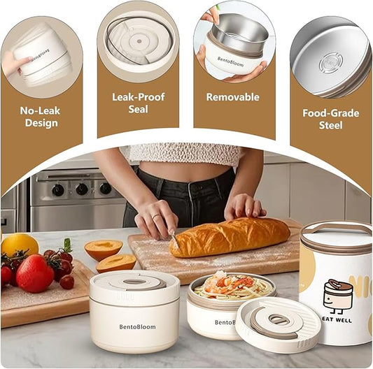 Bento Box Adult — Round Stackable Lunch Box for Women (450ml & 600ml) with Insulated Carry Bag | 304 Stainless Steel Removable Inserts | Microwave & Dishwasher Safe, White