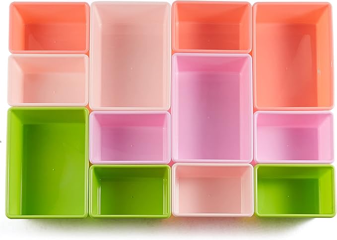 Amazon Basics Kids Toy Storage Organizer with 12 Plastic Bins, White Wood with Pink Bins, for Bedroom and Playroom, 10.9" D x 33.6" W x 31.1" H