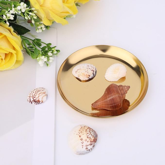 2pcs Gold Round Serving Trays, Stainless Steel Trinket Dish Decorative Jewelry Tray Small Gold Platters for Jewelry Cosmetics Countertop Dish