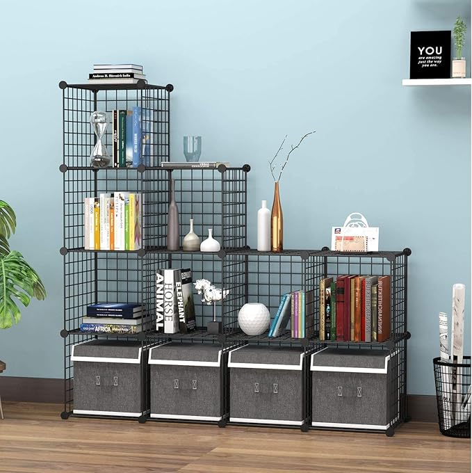 HUBSON Wire Cube Storage Organizer, Book/Toy/Craft/Potted Plants and petCloset Organizers and Storage Shelves, 12-Cube Freely Combinable Metal Grids Storage Shelf,Black Plus Iron