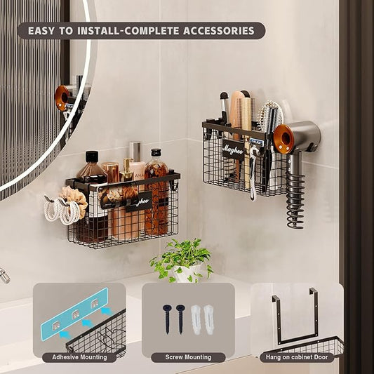 Hair Dryer Holder Cabinet Door 3-in-1 Adhesive Hair Tool Organizer Wall Mounted Adjustable Height Blow Dryer Holder Under Sink Bathroom Hair Appliance Organizer and Storage Countertop(Black)