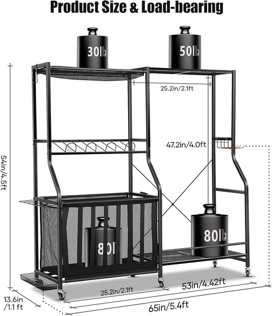 Garage Sports Equipment Organizer with Wheels - Golf Bag Storage Rack and Ball Storage Bins, Heavy Duty Rolling Garage Organizer System with Basket and Hooks for Indoor (Black-Large)