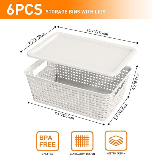 Plastic Storage Baskets With Lid, Storage Bins for Organizing, Stackable Decorative Containers for Shelves Drawers Desktop Closet Playroom Classroom Office, 6 Pack- White