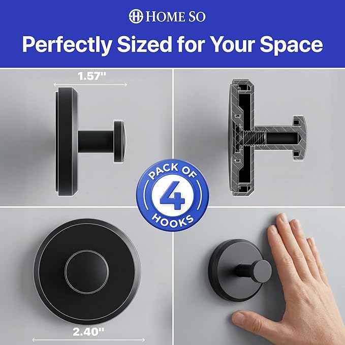 HOME SO Suction Cup Hooks for Shower & Bathroom Towel Holder 4-Pack – Suction Cups Hooks for Hanging Towels, Robes, & Coats - Tiles, Glass Door or Mirror – Shower Hooks & Towel Hooks Organizer - Black