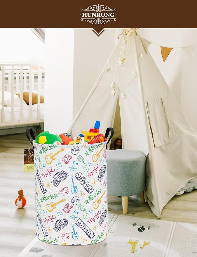 HUNRUNG Laundry Hamper,Large Canvas Fabric Lightweight Storage Basket Toy Organizer Dirty Clothes Collapsible Waterproof for College Dorms(Round-Musical instrument)