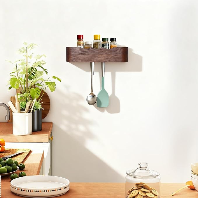 Wall Coat Rack Floating Shelves Modern Coat Rack Wall Mount with Storage Entryway Shelf Wooden Hanger 20 Inch 4 Hidden Metal Hooks for Living Room Bedroom (Wavy Walnut Color, 4 Hooks)