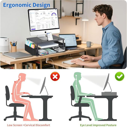 AUPSEN Wood Computer Monitor Stand Riser, 2-Tier Black Desk Organizer with Drawer, Pen Storage & Phone Holder ,Office Desk Accessories Desktop Organizer for Office Supplies