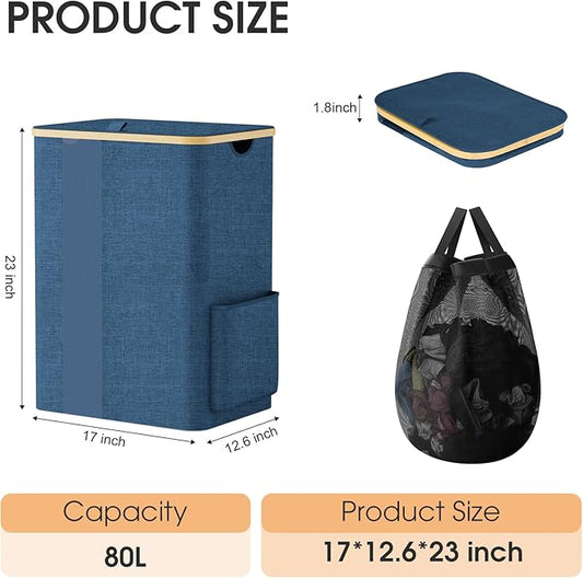 Laundry Basket Clothes Hamper with Lid and Pocket Large Collapsible Laundry Baskets with Handle, Freestanding Hampers for Bedroom Aesthetic, Dorm, Bathroom, Laundry Room (80L,Light Blue)
