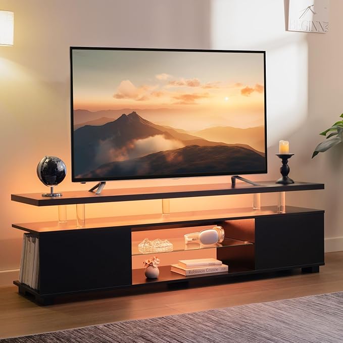 Black TV Stand,Glass TV Stands for Living Room,TV Stand for 75+ inch TV,Long TV Cabinet for Living Room,Bedroom,Home Office