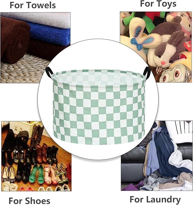 Sage Checkered Storage Basket Extra Large 80L Kids Hamper Baby Laundry Basket Waterproof Toys Car Organizer Collapsible Canvas for Home/Dorm/Pet/Office/Closet/Shelf/Gift Baskets