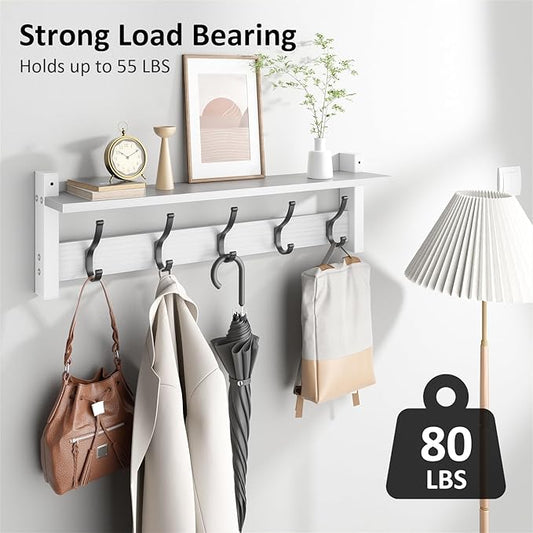 Coat Rack Wall Mount with Shelf, 24 Inch Coat Hanger Walls Mounted, Hat Rack for Walls, Shelf with 5 Coat Hooks, Wall Hanger for Entryway (White)