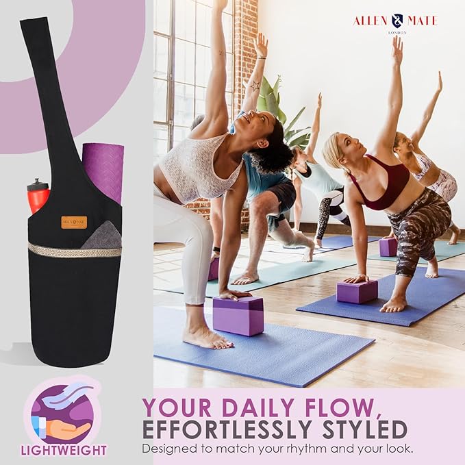 ALLEN & MATE 100% Cotton Yoga Mat Bag for Women and Men, Large Pocket with Zipper Storage, Shoulder Strap Carrier for Yoga and Pilates Mats