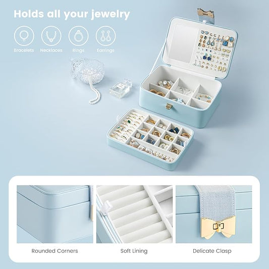Lolalet 2 Layer Jewelry Box for Teen Girls & Young Women, Jewelry Organizer Case with Bow Clasp and Mirror for Earrings Rings Necklaces Storage, Gift Idea -Blue