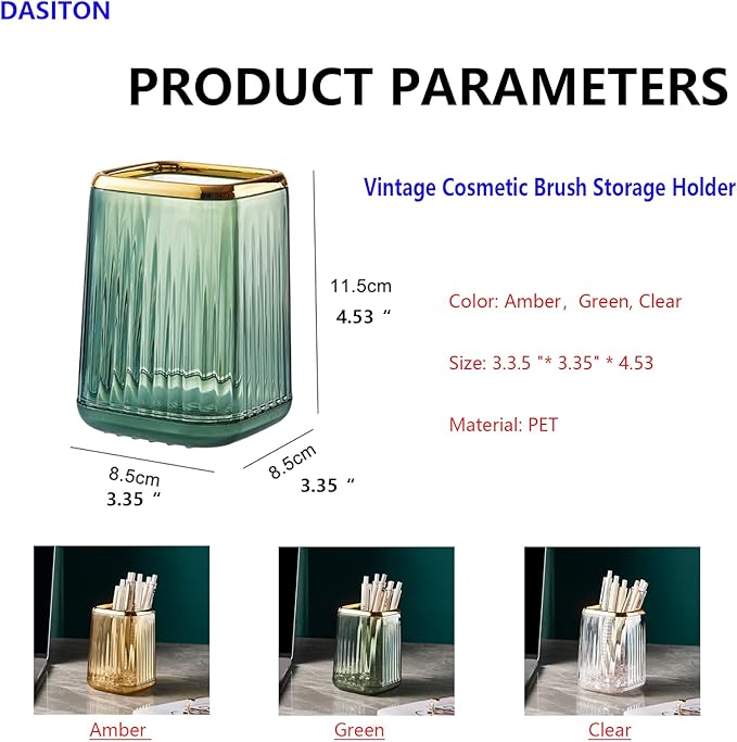 DASITON Makeup Brush holder Organizer, plastic Square Cosmetic Brush Storage Holder, Vintage Stripe Make Up Brush Cup Pen Pencil Holder(Clear